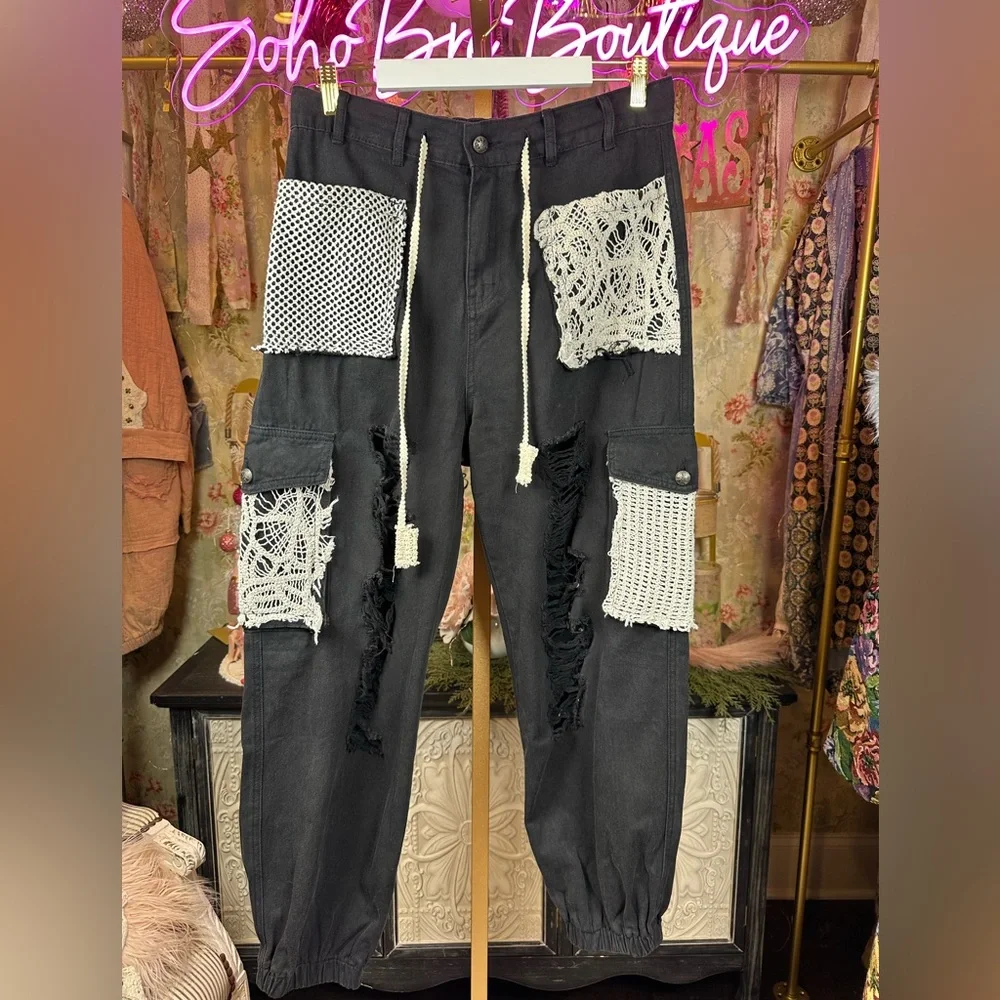 🆕 POL Crochet Patchwork Black Distressed Jogger Pants w/Lace and Knit Accents